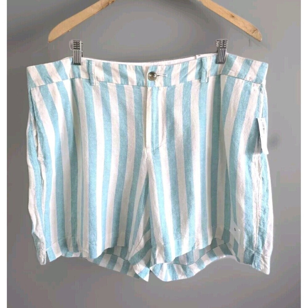 Old Navy Linen Chino Shorts Size 16 Blue Beige Striped Pockets NWT
